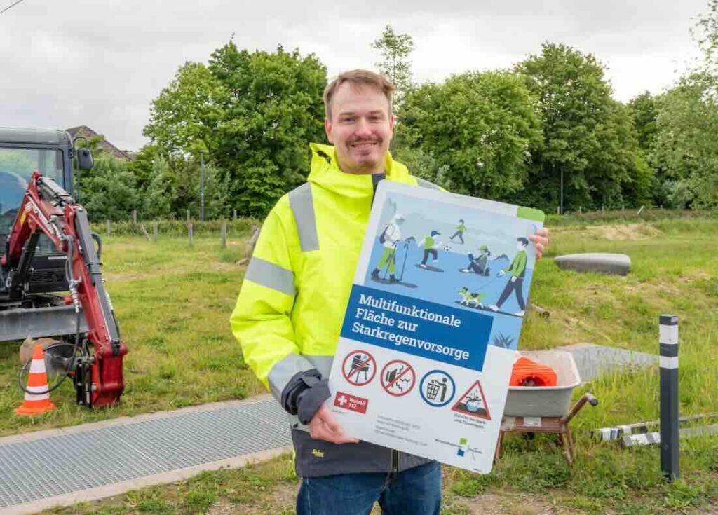 Hinweisschilder informieren über Nutzung der Flächen im Quartier „Am alten Angerbach“ Person mit Hinweisschild