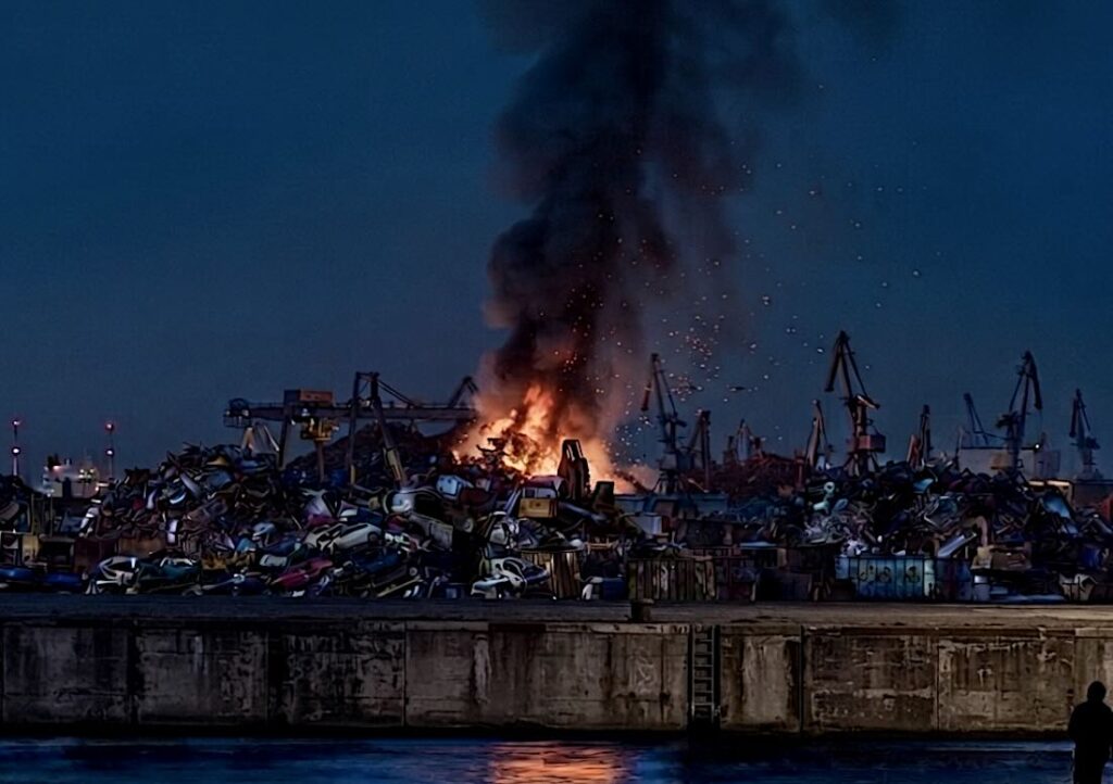 Weithin sichtbare Rauchsäule über der Schrottinsel im Duisburger Hafen Brand